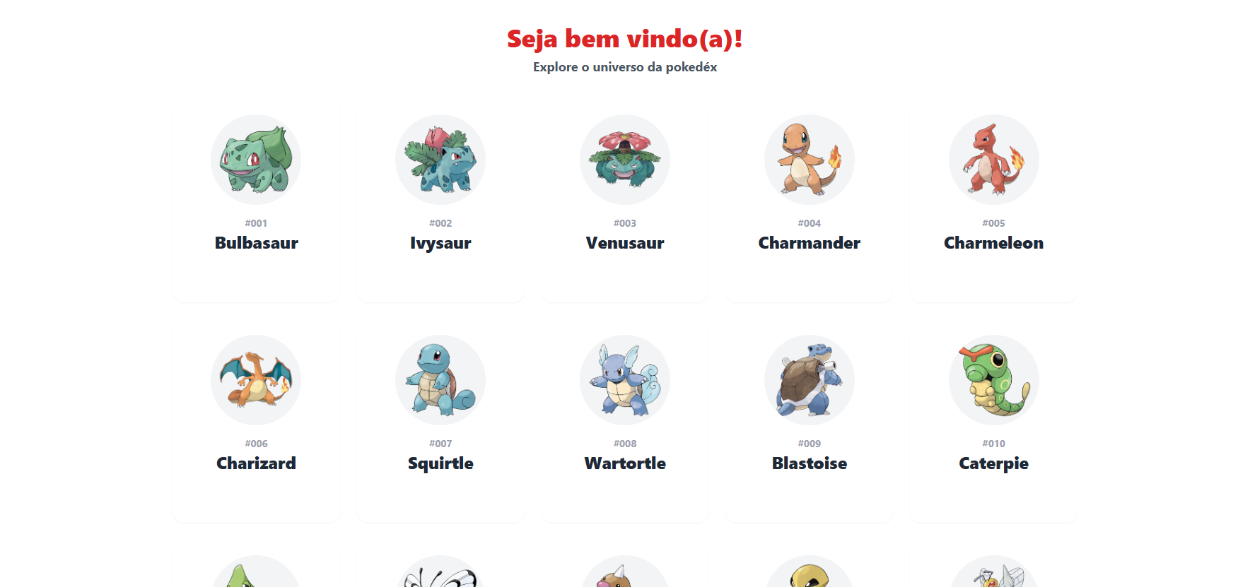 Interface da Pokédex listando personagens em cartões